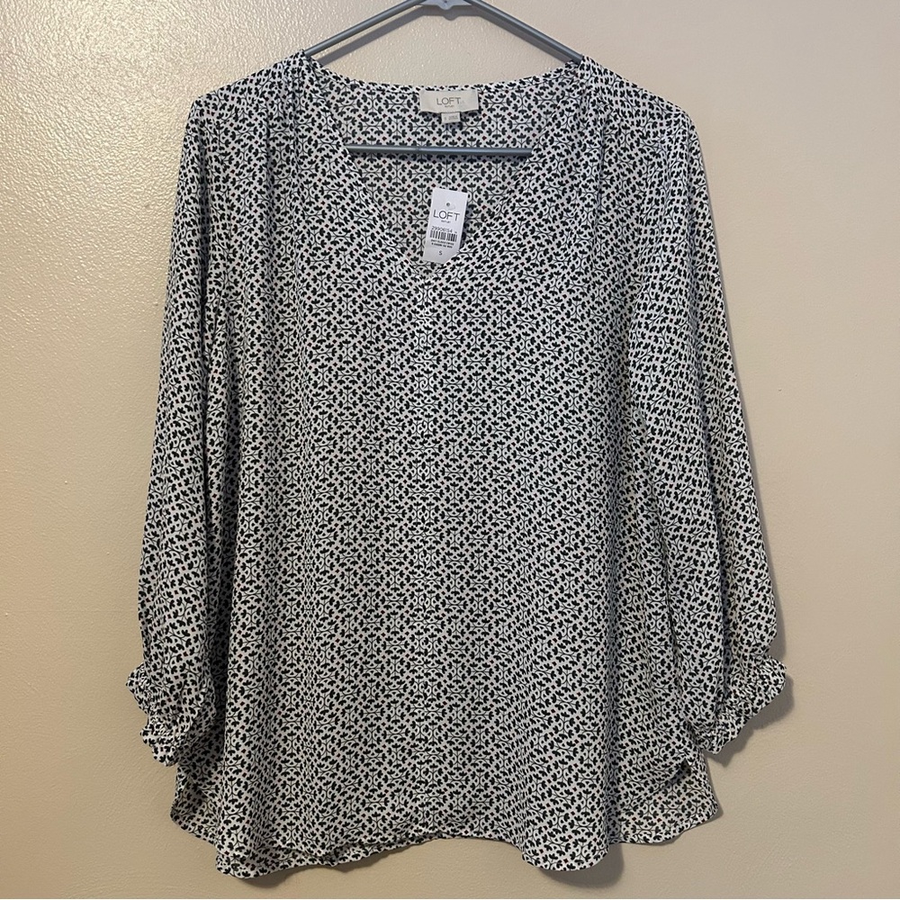 NWT LOFT Black, White, & Red Printed Blouse